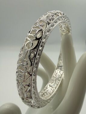 Silver Filigree Floral Scroll Wide Bangle Bracelet Ornate Statement